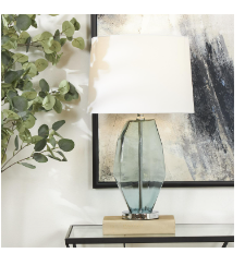 TEAL GLASS ABSTRACT ANGULAR TABLE LAMP WITH SILVER BASE,