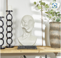 WHITE CERAMIC PEOPLE CUBIST INSPIRED HEAD SCULPTURE, 12" X 9" X 19"