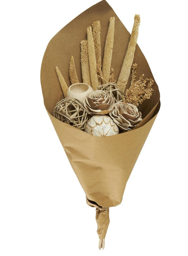BROWN DRIED PLANT CATTAIL HANDMADE FLORAL WHEAT GRASS BOUQUET NATURAL FOLIAGE WITH DECO BALL ACCENTS