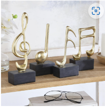 GOLD RESIN MUSICAL NOTES SCULPTURE WITH BLACK BASE, SET OF 4 9, 7, 7, 6"H