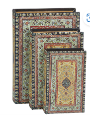 MULTI COLORED CANVAS STORAGE BOOK BOX WITH ARABESQUE PATTERN AND GOLD PAGE INSPIRED DETAIL