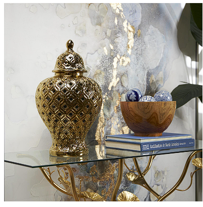 GOLD CERAMIC DECORATIVE JARS WITH GEOMETRIC CUTOUT DESIGN AND LID