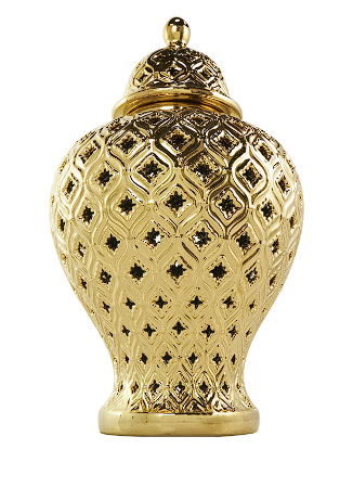 GOLD CERAMIC DECORATIVE JARS WITH GEOMETRIC CUTOUT DESIGN AND LID