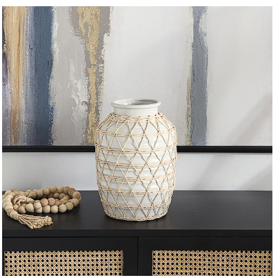 WHITE CERAMIC HANDMADE VASE WITH WOVEN RATTAN EXTERIOR