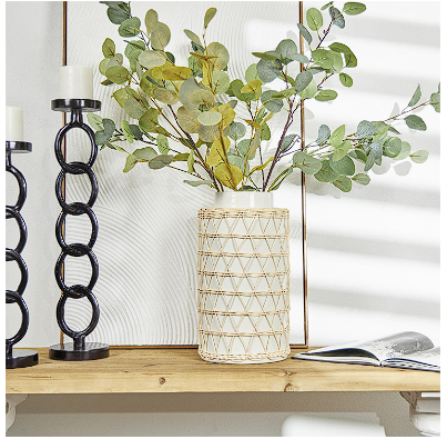 WHITE CERAMIC HANDMADE VASE WITH WOVEN RATTAN EXTERIOR,