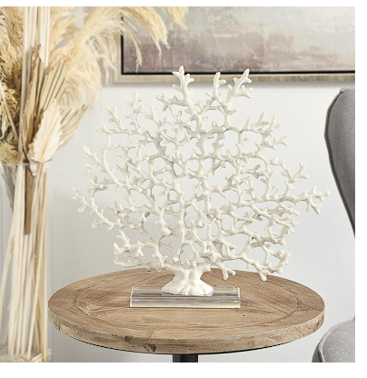 WHITE RESIN CORAL SCULPTURE WITH CLEAR RESIN BASE, 17" X 3" X 16"
