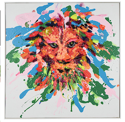 MULTI COLORED CANVAS LION ABSTRACT PAINT SPLATTER WALL ART WITH WHITE FRAME, 32" X 2" X 32