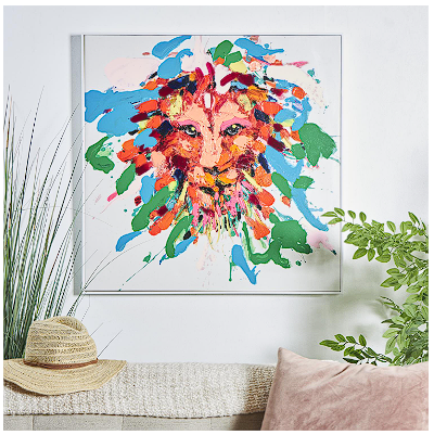 MULTI COLORED CANVAS LION ABSTRACT PAINT SPLATTER WALL ART WITH WHITE FRAME, 32" X 2" X 32