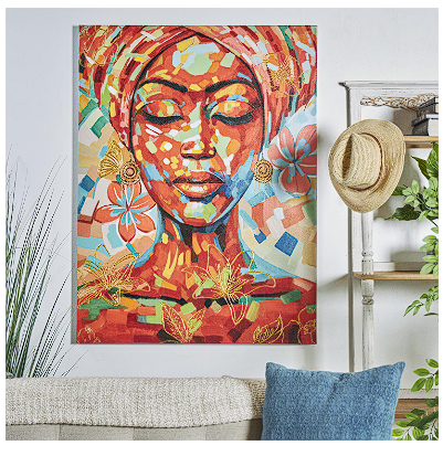 MULTI COLORED CANVAS WOMAN ABSTRACT PAINT SPLATTER WALL ART WITH ABSTRACT PAINT STROKES AND FLORAL ACCENTS, 36" X 2" X 47"