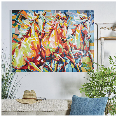 MULTI COLORED CANVAS HORSE ABSTRACT PAINT SPLATTER WALL ART WITH ABSTRACT PAINT STROKE DESIGN, 47" X 2" X 36"