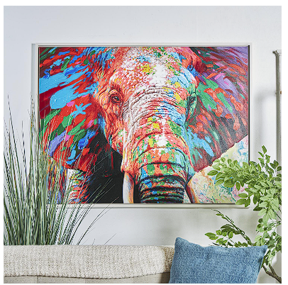 MULTI COLORED CANVAS ELEPHANT ABSTRACT PAINT SPLATTER WALL ART WITH ABSTRACT PAINT STROKES AND SPOTTED DETAILING, 48" X 2" X 36