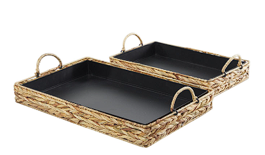 LIGHT BROWN SEAGRASS HANDMADE NESTING TRAY WITH BLACK WOOD INTERIORS
