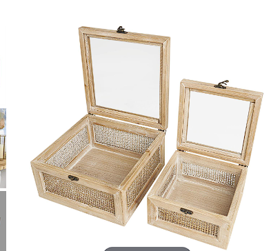 LIGHT BROWN WOOD GLASS TOP BOX WITH RATTAN SIDE PANELS AND BRONZE HOOK CLOSURES, SET OF 2 9", 7"W