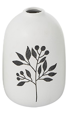 WHITE CERAMIC VASE WITH BLACK LEAF AND BERRY PRINTS,
