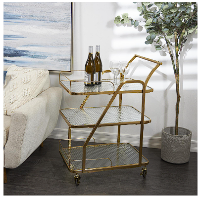 GOLD METAL GLASS SHELF 3 TIER BAR CART WITH SIDE GUARDS AND HANDLE, 27" X 18" X 35