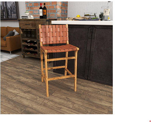 BROWN TEAK WOOD WOVEN LEATHER SEAT AND BACK BAR STOOL WITH BEAM FOOTREST, 19" X 20" X 39"