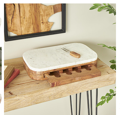 WHITE WOOD HANDMADE CUTTING BOARD WITH 4 CHEESE KNIVES, SET OF 5 16"W, 3"H