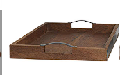 BROWN WOOD TRAY WITH BLACK METAL HANDLES,