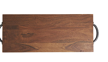 BROWN WOOD TRAY WITH BLACK METAL HANDLES, 28" X 10" X 2"