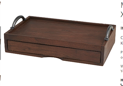 BROWN WOOD HIDDEN DRAWER TRAY WITH BLACK METAL HANDLES