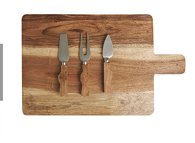 BROWN WOOD HANDMADE CUTTING BOARD WITH 4 CHEESE KNIVES