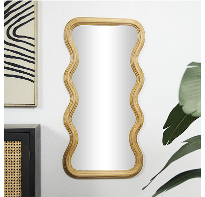 BROWN WOOD WAVY WALL MIRROR WITH DIMENSIONAL CARVED FRAME, 20" X 2" X 39"