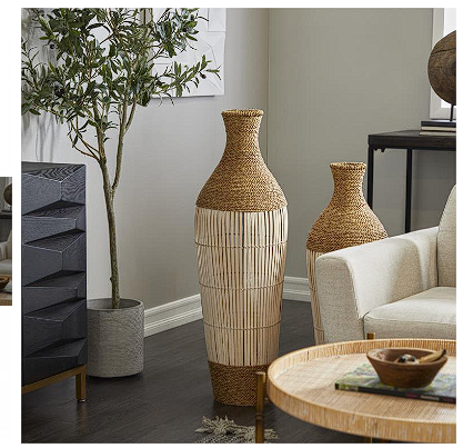 BROWN SEAGRASS HANDMADE WRAPPED TALL FLOOR VASE WITH OPEN FRAMED CREAM BAMBOO CENTER, 13" X 13" X 40"