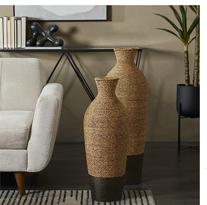 BROWN SEAGRASS HANDMADE TALL WOVEN FLOOR VASE, 10" X 10" X 28"