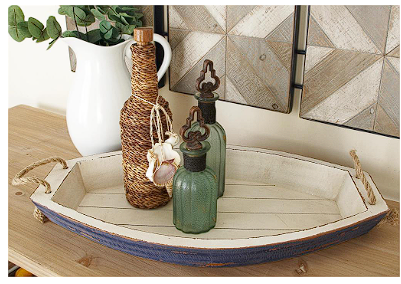 WHITE WOOD SAIL BOAT TRAY WITH ROPE HANDLES,