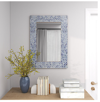 BLUE WOOD QUATREFOIL WALL MIRROR WITH BONE INLAY, 26" X 1" X 36"