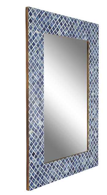 BLUE WOOD QUATREFOIL WALL MIRROR WITH BONE INLAY, 26" X 1" X 36"