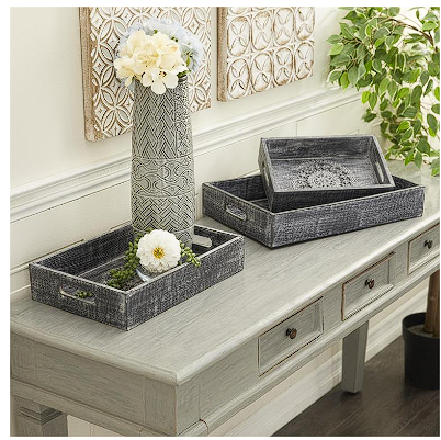 BLACK WOOD FLORAL INTRICATE CARVED TRAY,