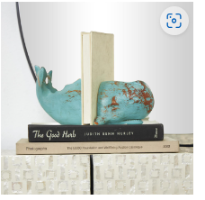 TEAL POLYSTONE WHALE DISTRESSED BOOKENDS WITH BROWN WOOD INSPIRED ACCENTS, SET OF 2 4"W, 4"H