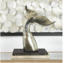 SILVER POLYSTONE WHALE SCULPTURE WITH COPPER DISTRESSING, 14" X 7" X 16"