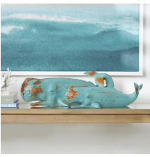 TEAL POLYSTONE WHALE DISTRESSED SCULPTURE WITH BROWN WOOD INSPIRED ACCENTS