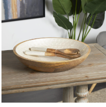CREAM MANGO WOOD HANDMADE DECORATIVE BOWL WITH MATCHING SALAD SERVING UTENSILS, SET OF 3 15", 11", 11"W