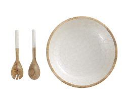CREAM MANGO WOOD HANDMADE DECORATIVE BOWL WITH MATCHING SALAD SERVING UTENSILS, SET OF 3 15", 11", 11"W
