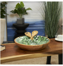 GREEN MANGO WOOD HANDMADE DECORATIVE BOWL WITH MATCHING SALAD SERVING UTENSILS, SET OF 3 15", 11", 11"W