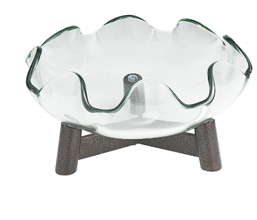 CLEAR GLASS FLORAL INSPIRED SERVING BOWL WITH BRONZE HAMMERED Y-SHAPED STAND, 15" X 15" X 9"