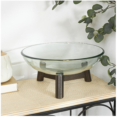 CLEAR GLASS SERVING BOWL WITH BRONZE HAMMERED Y-SHAPED STAND, 16" X 16" X 9"