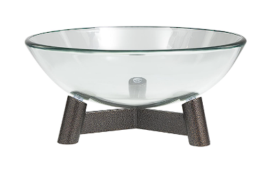 CLEAR GLASS SERVING BOWL WITH BRONZE HAMMERED Y-SHAPED STAND, 16" X 16" X 9"