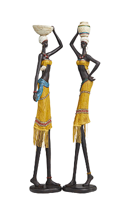 YELLOW POLYSTONE PEOPLE HANDMADE AFRICAN WOMAN SCULPTURE WITH WATER JUGS AND JEWELED DETAILS