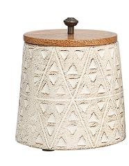 CREAM PAPER MACHE TRIBAL HANDMADE CARVED TRIANGLE CANISTERS WITH BROWN REMOVABLE LIDS AND ANTIQUE KNOBS
