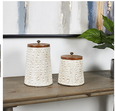 CREAM PAPER MACHE TRIBAL HANDMADE CARVED TRIANGLE CANISTERS WITH BROWN REMOVABLE LIDS AND ANTIQUE KNOBS