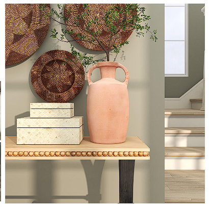 ORANGE CERAMIC TERRACOTTA JUG VASE WITH HANDLES, 9" X 9" X 16"