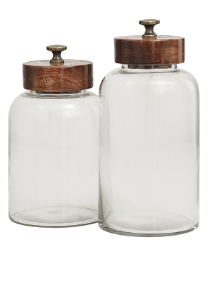 CLEAR GLASS CANISTERS WITH BROWN REMOVABLE LIDS AND ANTIQUE KNOBS,
