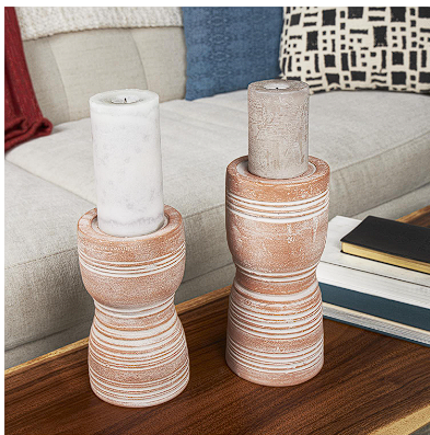 PINK CERAMIC WHITEWASHED RIBBED TERRACOTTA CANDLE HOLDER, SET OF 2 11", 9"H