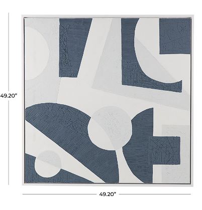 BLUE CANVAS ABSTRACT TEXTURED FRAMED WALL ART WITH VARIOUS GEOMETRIC SHAPES ON A WHITE BACKGROUND, 49" X 2" X 49"