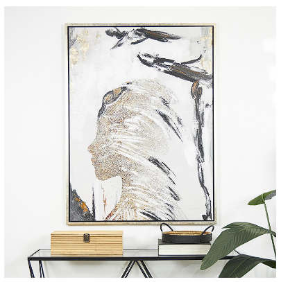 BROWN CANVAS ABSTRACT WOMEN'S PROFILE FRAMED WALL ART WITH GOLD FOIL DETAILS AND BLACK ACCENTS, 36" X 2" X 47"