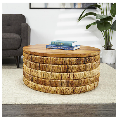 BROWN SEAGRASS HANDMADE LINEAR WRAPPED COFFEE TABLE WITH TEAK WOOD TOP, 33" X 33" X 16"